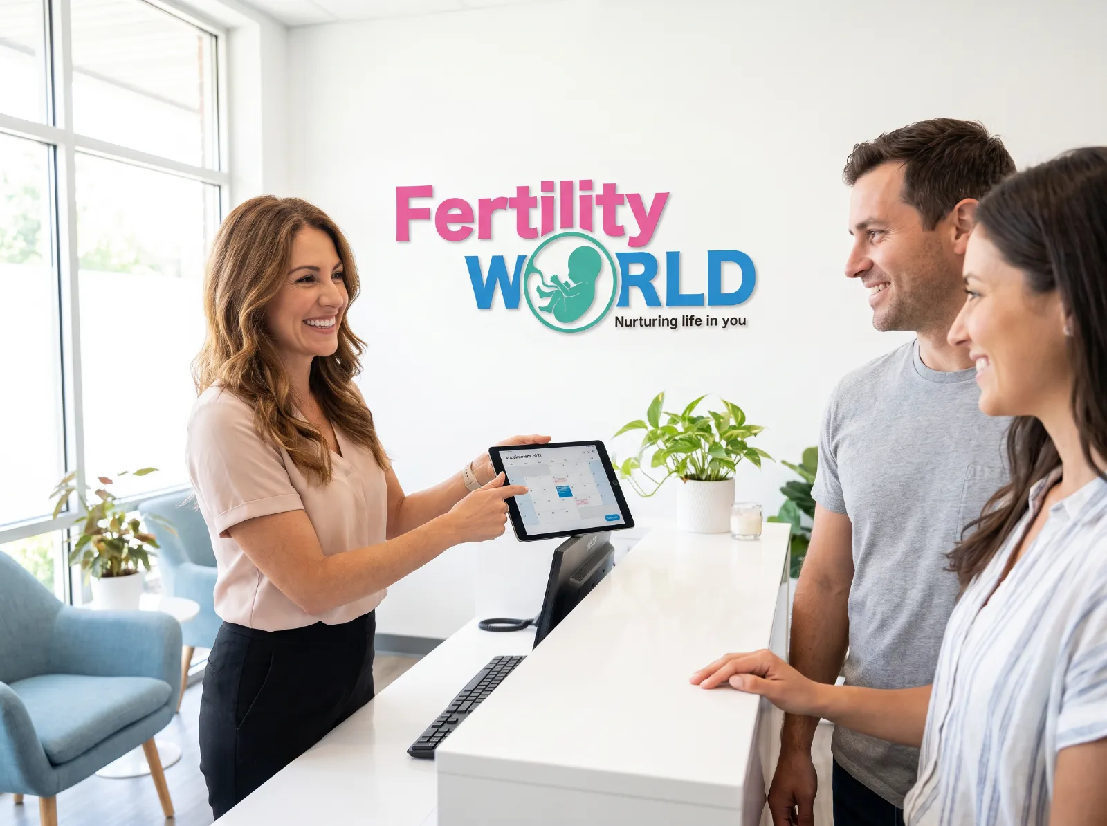 A couple welcomed at the front desk of a Fertility World clinic