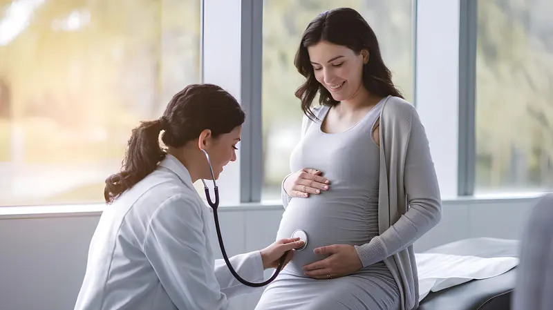A doctor listening to a pregnant woman with a stethoscope at a check-up