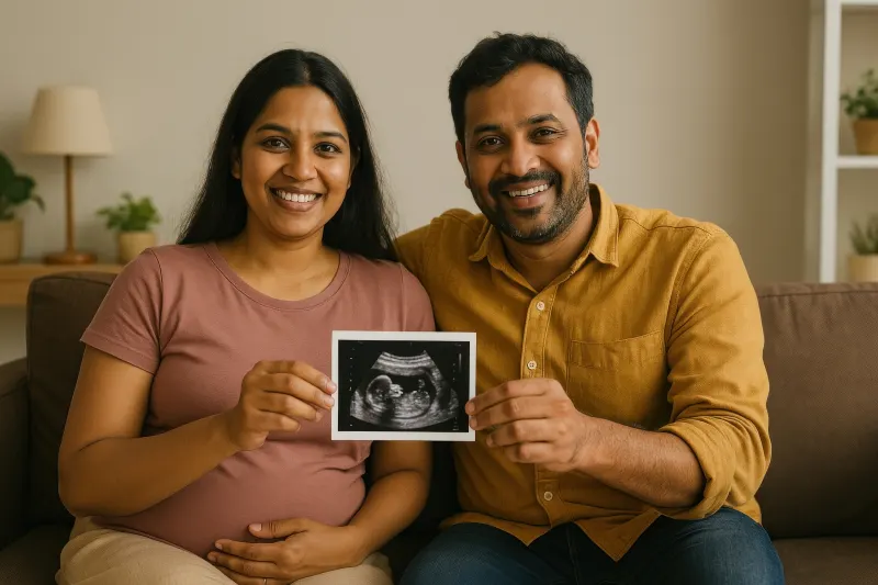 An expecting couple smiling and holding up their baby's scan picture