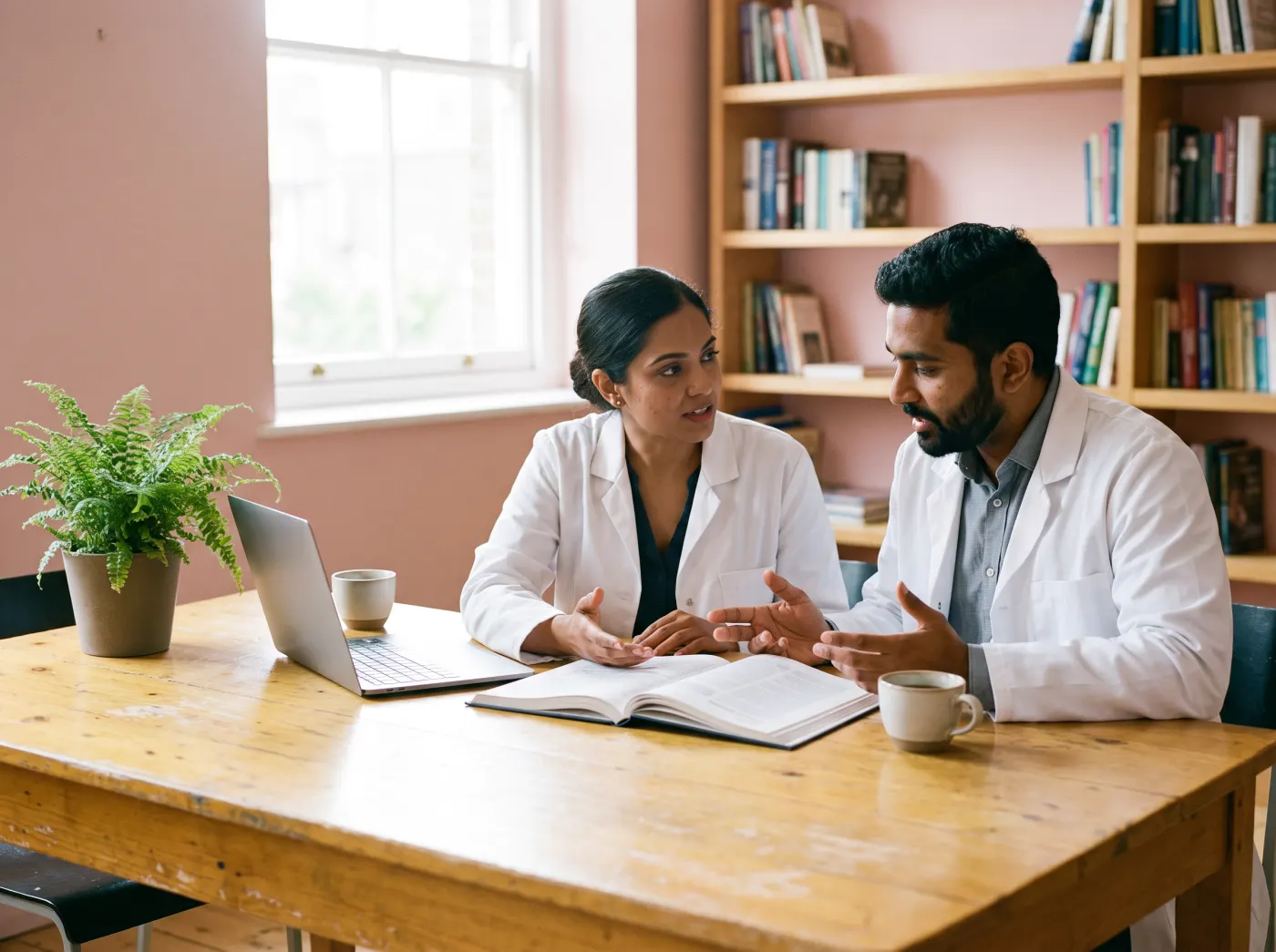 Two Fertility World doctors discussing a research journal at a table