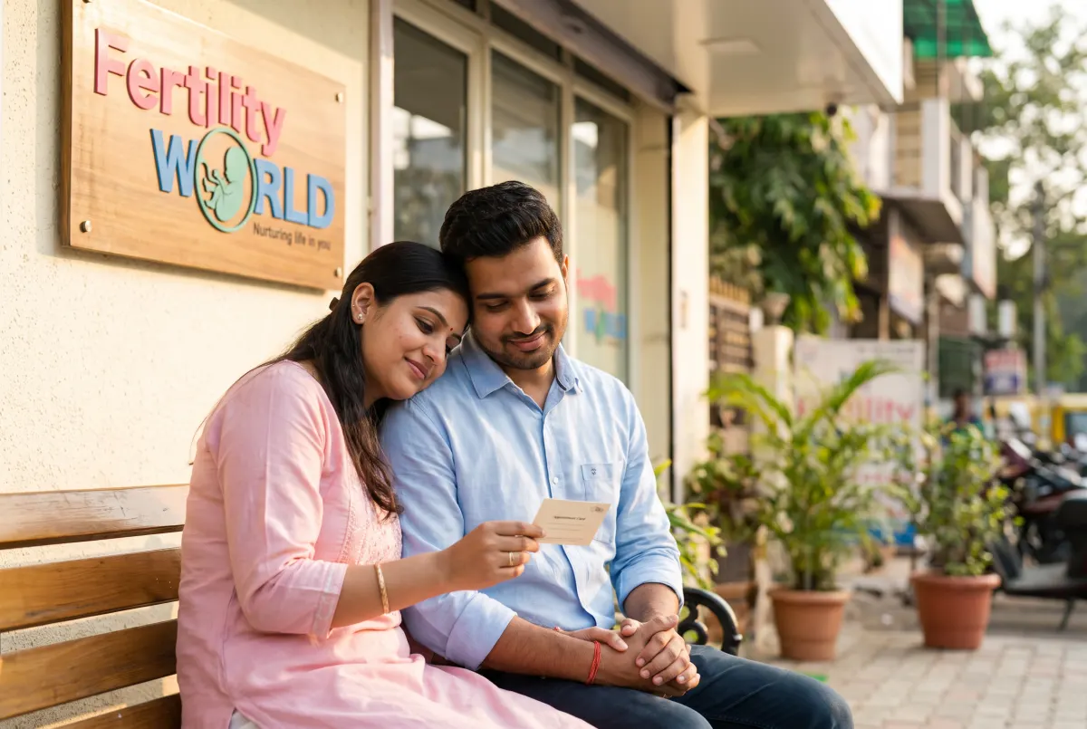 A young couple sitting close on a bench outside a Fertility World clinic, looking at an appointment card