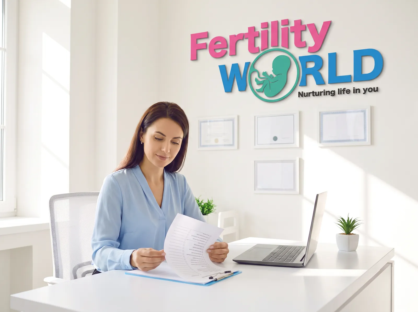 A Fertility World quality manager reviewing a checklist beside framed certificates